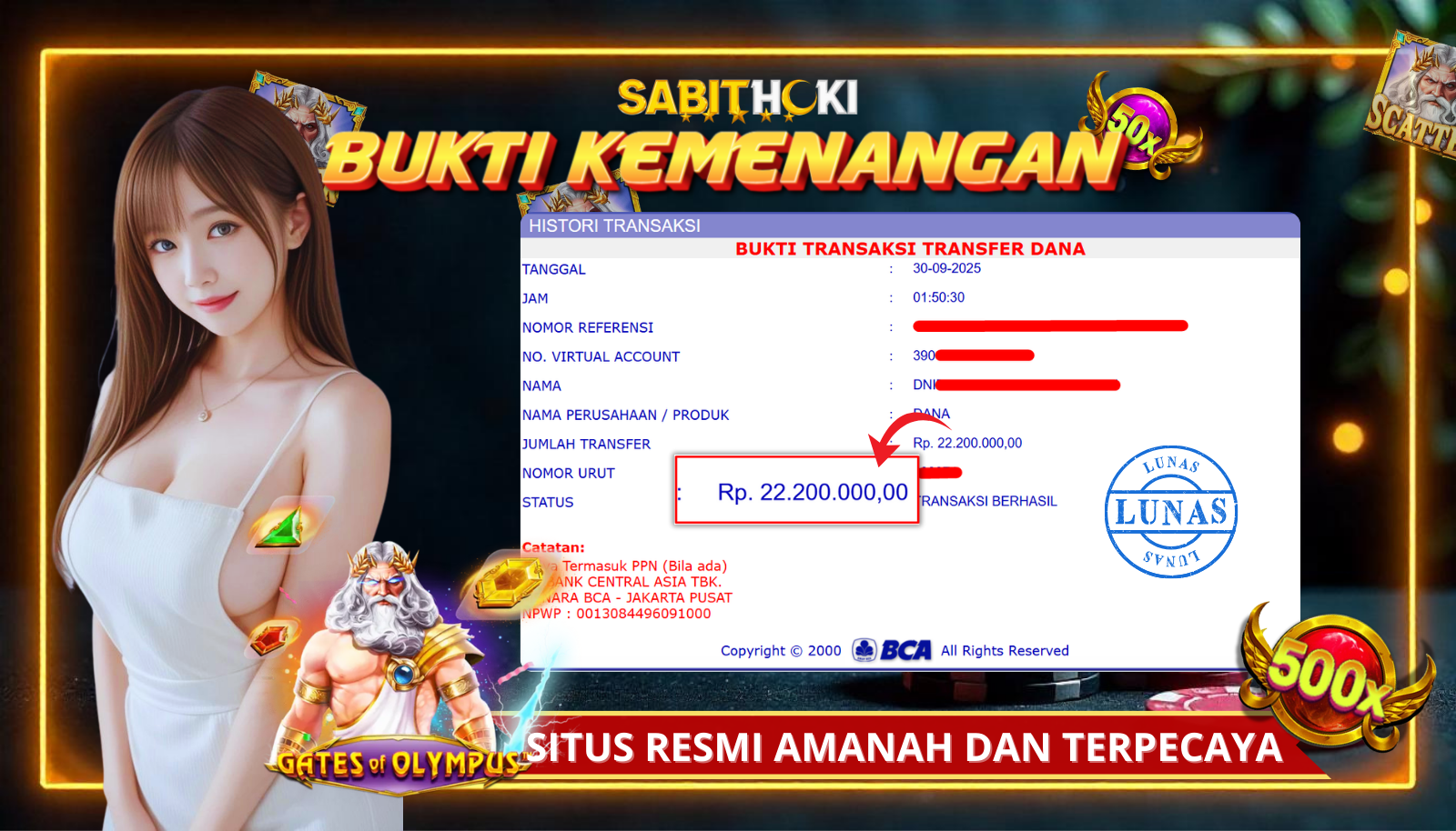 SELAMAT KEPADA MEMBER SETIA SABITHOKI YANG BERHASIL JACKPOT DI PERMAINAN GATES OLYMPUS